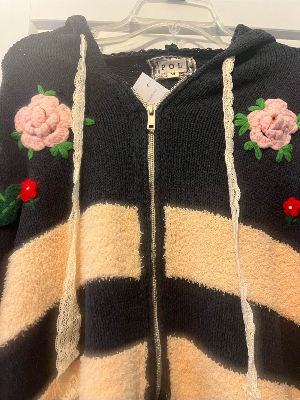 Pol Navy Floral knit hoodie sweater - Picture 2 of 3